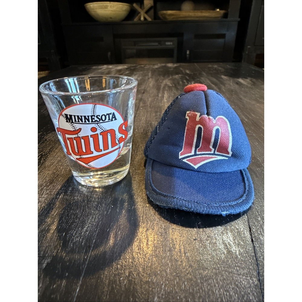 Vintage Minnesota Twins 1950's ?? Miniature Hat Cap Mesh Blue And Shot glass